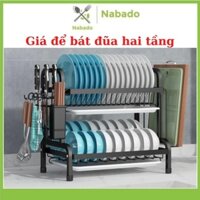 Giá để bát đĩa hai tầng Kệ úp chén đĩa thép kèm ống đựng đũa