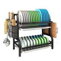 Giá để bát đĩa hai tầng Kệ úp chén đĩa thép kèm ống đựng đũa