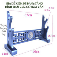 Giá Để Kiếm Để Bàn Đế To Cắt CNC 2 Tầng Hình Màu Đen Có Hình Thái Cực Tròn Mạ Vàng Loại Cao Cấp