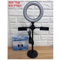Giá đỡ  2điện thoại  livetream  có đèn led kẹp điện  để bàn quay video