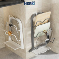 Giá Đỡ Nắp Nồi HERO Dán Tường Thép Cacbon Chống Gỉ, Giá Cài Vung Nồi, Kệ Để Thớt Kèm Khay Hứng Nước Thông Minh