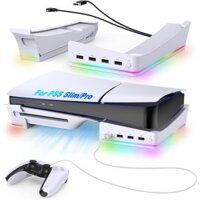 Giá đỡ ngang RGB cho PS5 Pro/PS5 Slim với 14 chế độ đèn và 4 cổng USB, giá đỡ bên cho PS5 Pro/PS5 Slim phiên bản đĩa & kỹ thuật số, chân đế với sạc nhanh cho tay cầm