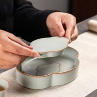 Giá đỡ nồi Dongqing Ru Kiln [Huayun] Bàn pha khô Giá đỡ nồi gốm Hộp đựng trà phong cách Trung Quốc mới Bộ trà Phụ kiện phong cách hai mảnh [A091]