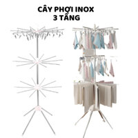Giá phơi quần áo khăn mặt 3 tầng xoay 36 độ có móc treo  - Cây treo quần áo trẻ sơ sinh dễ dàng gấp gọn, khung inox