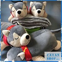 [GIÁ RẺ NHẤT] Gối mền chó Husky 3 trong 1, nỉ nhung cực mịn, bộ  chăn gối văn phòng, gấu bông kèm mền