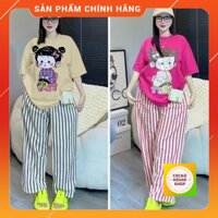 (Giá Rẻ+Tặng Quà) Đồ Bộ Nữ Cao Cấp Siêu Xinh-Áo Thun Cotton Ngắn Tay In Hình Phối Quần Suông Kẻ Sành Điệu_Hàng VNXK