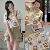 [Giá sỉ] -Áo len nữ cộc tay croptop hoạ tiết hoa cúc cổ bẻ hàng QC