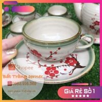 GIÁ SIÊU RẺ -  Ấm chén men xanh Bát Tràng dáng minh long (hoa đào đỏ)