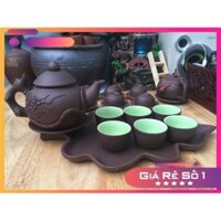 GIÁ SIÊU RẺ -  Bộ ấm chén tử sa Bát Tràng đắp nổi kèm khay sứ hình lá