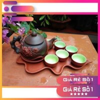 GIÁ SIÊU RẺ -  Bộ ấm chén tử sa Bát Tràng đắp nổi kèm khay sứ hình lá