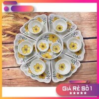 GIÁ SIÊU RẺ -  Bộ bát đĩa hoa mặt trời vẽ mai vàng gốm thủ công Bát Tràng