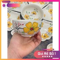 GIÁ SIÊU RẺ -  Bộ bát đĩa hoa mặt trời vẽ mai vàng gốm thủ công Bát Tràng