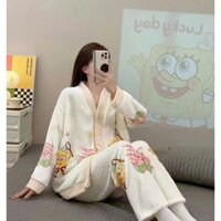 [Giá Siêu Rẻ] Bộ Đồ Ngủ Chất Nỉ Bông Dặn Giữ Ấm In Họa Tiết Dễ Thương Thời Trang Thu Đông Cho Nữ