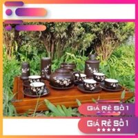 GIÁ SIÊU RẺ -  Bộ phụ kiện ấm chén men nâu hoa đào gốm Bát Tràng