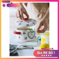 GIÁ SIÊU RẺ -  Tô sứ có nắp hoạ tiết Cherry kiểu Bắc Âu sang trọng