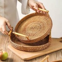 [GIÁ SỐC] Khay mây tròn đựng thực phẩm, dĩa mây có tay cầm, khay đan mây phong cách Vingtage, trang trí bếp,decor bàn ăn