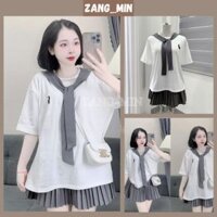 GIÁ SỐC - Set áo thun khăn choàng logo ngực cùng chân váy xếp ly nhỏ cạp cao hack dáng - ZANGMIN