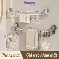 Giá Treo Khăn Nhà Tắm Hút Chân Không Kéo Dài 120 cm và 6 móc treo Không Khoan Đục, Thanh Treo Dép, Kệ treo đồ phơi đồ