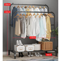 Giá Treo Quần Áo 2 Tầng Bằng Sắt Sơn Tỉnh Điện và Giá Treo Quần Áo kèm 8 Móc Bênh Hông 150x110cm.