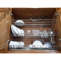 Giá úp bát 3 tầng Inox 304 Hoàng Vũ kèm giỏ đũa và khay hứng nước (sản xuất theo kích thước khoang tủ)