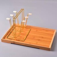 Giá úp cốc inox mạ vàng kèm khay gỗ để cốc ly cao cấp