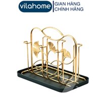 Giá Úp Cốc Inox Vilahome, Khay Úp Inox Mạ Vàng Hình Chữ Nhật, Có Khay Chứa Nước. Úp Cốc 3 Lá Vàng