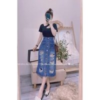 [giá xuất  xưởng] Chân váy jeans dáng dài, chân váy bò rách lưng cao túi nắp 1 khuy. Mã V013