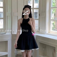 [Giá yêu] Đầm cổ yếm chân váy xoè pha viền tiểu thư, dành cho cô nàng vai gầy , Váy đen xoè nơ trước  xinh xắn  LanuShop