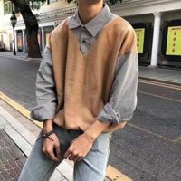 Giảm 50% Áo Sơ Mi Nam Giả Hai Mảnh Áo Sơ Mi Đáy Áo Giả Hai Mảnh Áo Len Nam Thu Đông Phong Cách Hồng Kông Áo Sơ Mi Mỏng Cổ Áo bf Áo Khoác Hàn Quốc Sang Trọng Hàng Đầu Dệt Kim Học Sinh