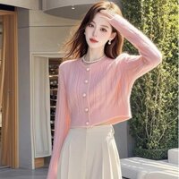 [Giảm giá 30 ngày 584 chiếc] Áo len dệt kim đầu mùa thu Áo len dệt kim nữ cao cấp thời trang sang trọng phong cách Chanel Áo len hồng đáy ngắn LB4P