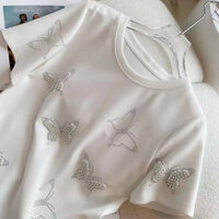 [Giảm giá 40%] Áo thun nữ tay ngắn Áo thun đá nóng cổ tròn Cotton nguyên chất tay ngắn Trạm châu Âu Xuân Hè Hàng Châu Âu Nữ Handmade Đính cườm Bướm