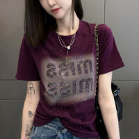[Giảm giá 40%] Áo thun nữ phiên bản Hàn Quốc Áo thun kim cương giả nóng cổ tròn Áo thun Cotton nguyên chất màu mùa hè kéo chữ Áo thun ngắn tay đính đá nóng