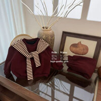 [Giảm giá 50%] Bộ đồ cho bé gái, áo dài tay, Bộ đồ thể thao giản dị, quần áo thu đông cho bé gái, bộ đồ lông cừu và trẻ em nam và nữ màu đỏ Ancora, áo len Khăn choàng sọc kiểu tây cho bé gái thu đông, Bộ Đồ Hai Mảnh cho trẻ em, quần áo trẻ em Hàn Quốc 5
