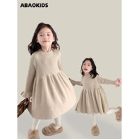 [Giảm giá 50% cho sản phẩm mới] Váy liền màu cho bé gái, tay loe trẻ em kiểu Tây, váy dệt kim dày, váy dài mùa đông, Hàn Quốc 5