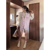 Giảm giá Áo khoác vest màu hồng vintage đã giặt độc đáo F&X, phong cách Hồng Kông mới, áo vest retro rộng rãi và thon gọn cho phụ nữ