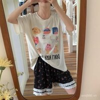 [Giảm giá] Bộ đồ ngủ nữ có đệm 2025 mùa hè mới in họa tiết tay ngắn, quần short hoa ngọt ngào, đồ mặc ở nhà cho hoạt động ngoài trời