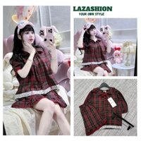 GIẢM GIÁ - Bộ đồ nữ kẻ caro đỏ cổ bèo thắt nơ siêu xinh, Set bộ pijama mặc nhà form rộng - LAZA
