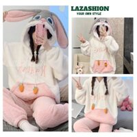 GIẢM GIÁ - Bộ lông chú thỏ mũ xám phối túi bụng hồng dày dặn thời trang ulzzang hàn quốc - LAZA