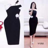 [GIẢM GIÁ] Đầm lệch vai đen body V1252 đính hoa eo Mie Design kèm ảnh thật