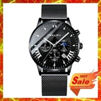 [GIẢM GIÁ] Đồng hồ nam CRNAIRA đen quyên lực, mặt tròn dây lụa đen, có lịch ngày, chống nước, bảo hành 12 tháng