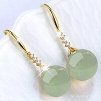 [Giảm giá hấp dẫn] Bông tai ngọc bích xanh cổ điển S925 cho phụ nữ, bông tai dài bằng ngọc zircon và chalcedony, móc tai đá quý