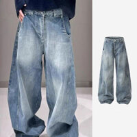 Giảm giá hấp dẫn Quần jeans rộng thùng thình vintage cho nam, quần ống rộng màu xanh đã giặt, phong cách đường phố cao cấp