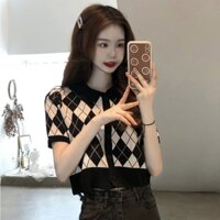 Giảm giá [HH] Áo kẻ sọc phong cách Mỹ cho phụ nữ, áo sơ mi ngắn tay mỏng cổ POLO, áo len lụa băng có cổ gập