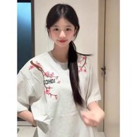 [Giảm Giá Hot tại shop] Áo thun in hoa hình chữ hoa mận kiểu mới 2025 cho nữ áo đôi rộng rãi màu trắng tay ngắn cotton mùa hè