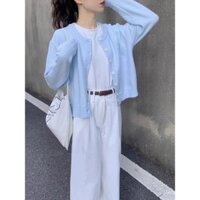 [Giảm giá tại shop] Áo len cardigan dệt kim màu xanh nhạt mềm mại, áo khoác nữ mẫu ngắn đơn giản và đa năng mẫu mới mùa thu, áo khoác thời trang