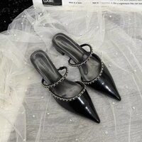 [Giảm giá tại shop] Dép sục bít mũi kiểu mới mùa xuân 2025, dép quai hậu đế thấp mũi nhọn dây xích đi bên ngoài Nữ, Giày lười Muller