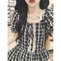 [Giảm giá trong thời gian có hạn] Đầm kẻ sọc khâu ren cổ điển kiểu Pháp dành cho nữ mùa hè Tính khí cao cấp eo hẹp tay phồng kiểu dáng nhẹ nhàng Váy dài