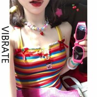 [Giảm Giá] VIBRATE Dopamine Rainbow Sọc Camisole Nữ Mùa Hè Ngọt Cay Ngắn Dây Đeo chéo Top