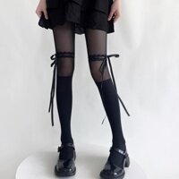 Giảm giá Vớ độc đáo F&X với dây ruy băng, dây nơ, lụa đen, nối màu trắng sữa, sexy và ngọt ngào cho phụ nữ