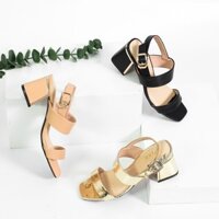 [Giảm ngay 21%] Giày Sandal Cao Gót 5cm Đế Vuông Ốp Đồng Quai Ngang Nữ X462